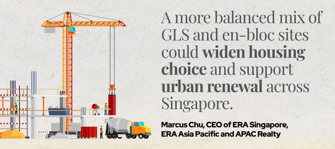 Quote card: a more balanced mix of Government Land Sales and en bloc sites could widen housing choice and support urban renewal across Singapore, attributed to Marcus Chu, CEO of ERA Singapore, ERA Asia Pacific and APAC Realty