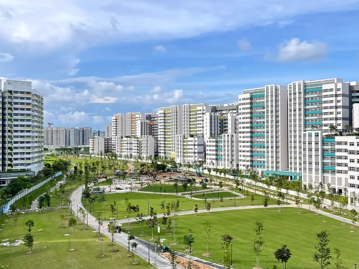 Tampines Boulevard Park with housing blocks behind, about 340 metres from Citylife@Tampines