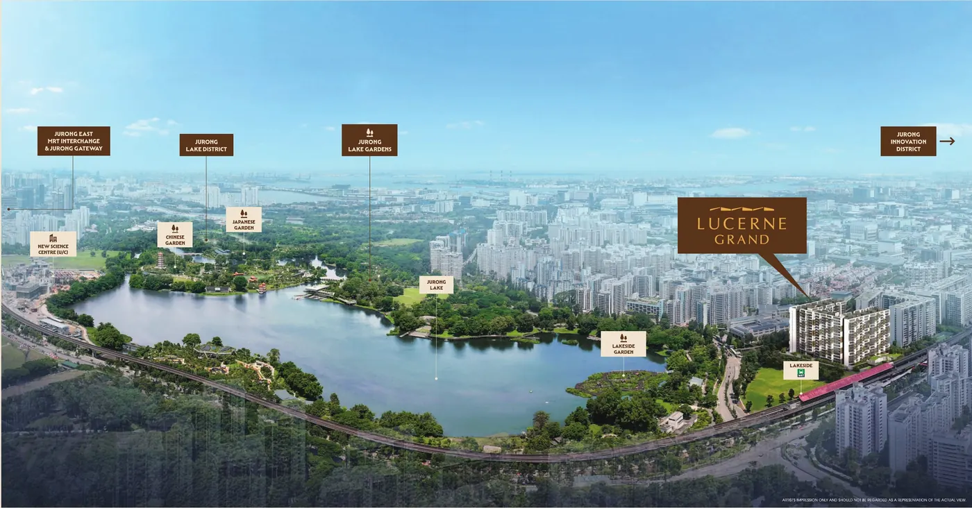 Aerial view of Jurong Lake with labels for Jurong East MRT interchange, Jurong Lake District, Chinese and Japanese Gardens, Jurong Lake Gardens, Lakeside Garden, Lakeside MRT and Lucerne Grand at the lake's western end
