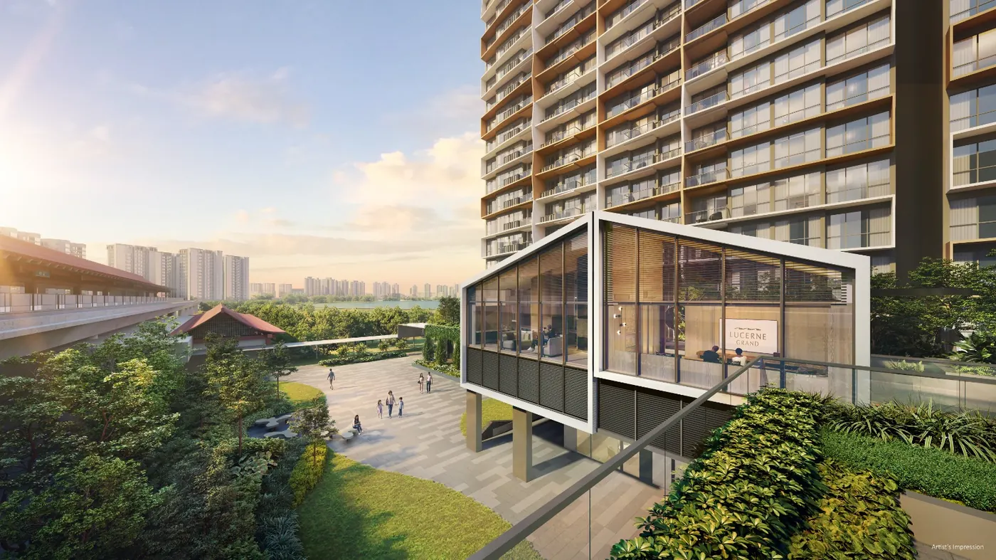 Artist's impression of Lucerne Grand's 17-storey blocks at dusk, seen across the waterway along Lakeside Drive in Jurong West
