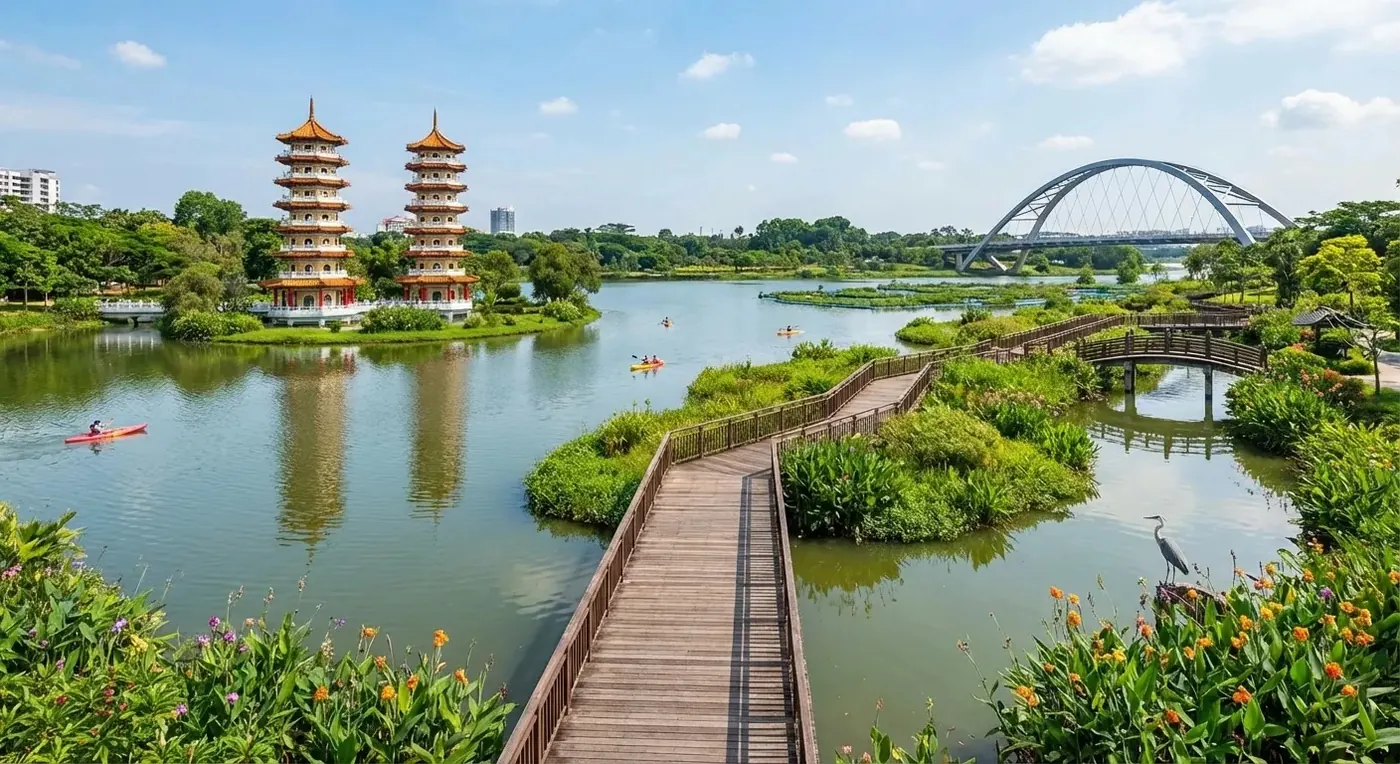Boardwalk through wetland at Jurong Lake Gardens with the Chinese Garden pagodas and an arched bridge in the background