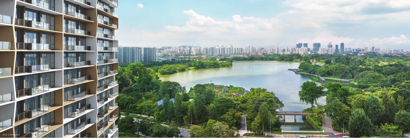 Artist's impression of Jurong Lake and Lakeside Garden seen from a high floor of Lucerne Grand, with the city skyline in the distance