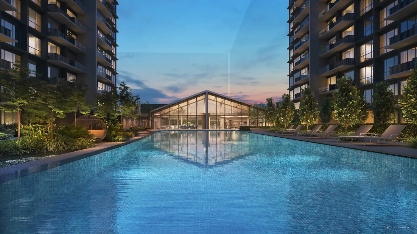 Artist's impression of Lucerne Grand's lap pool between the residential blocks, with the clubhouse at the far end