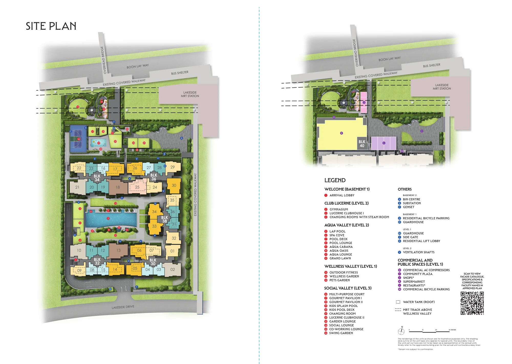 Lucerne Grand site plan showing Blocks 30, 32, 34, 36 and 38 around a central lap pool, Boon Lay Way and the MRT track to the north, Lakeside MRT station to the north-east and Lakeside Drive to the south