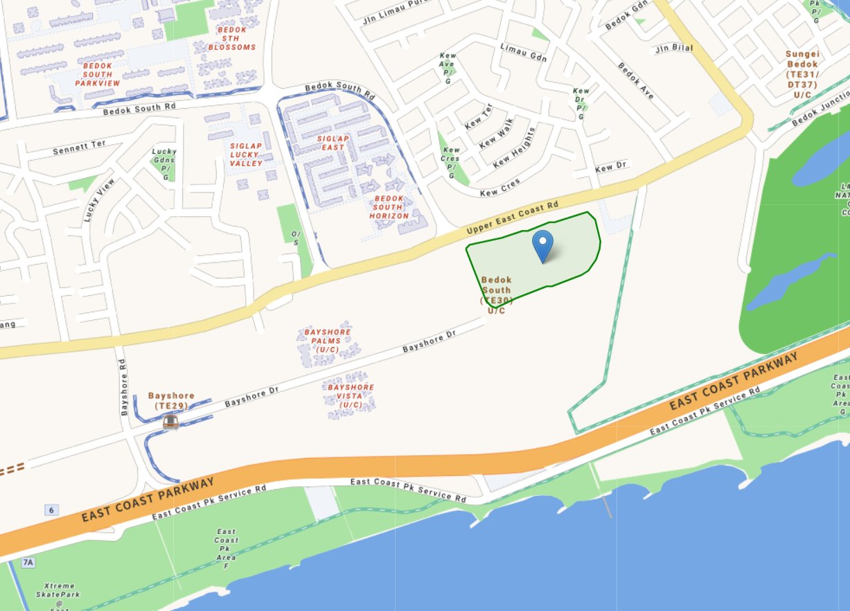 Map of the Bayshore Drive GLS site outlined between Upper East Coast Road and the East Coast Parkway, directly above the under-construction Bedok South MRT station (TE30), with Bayshore (TE29) and the Sungei Bedok interchange (TE31/DT37) nearby