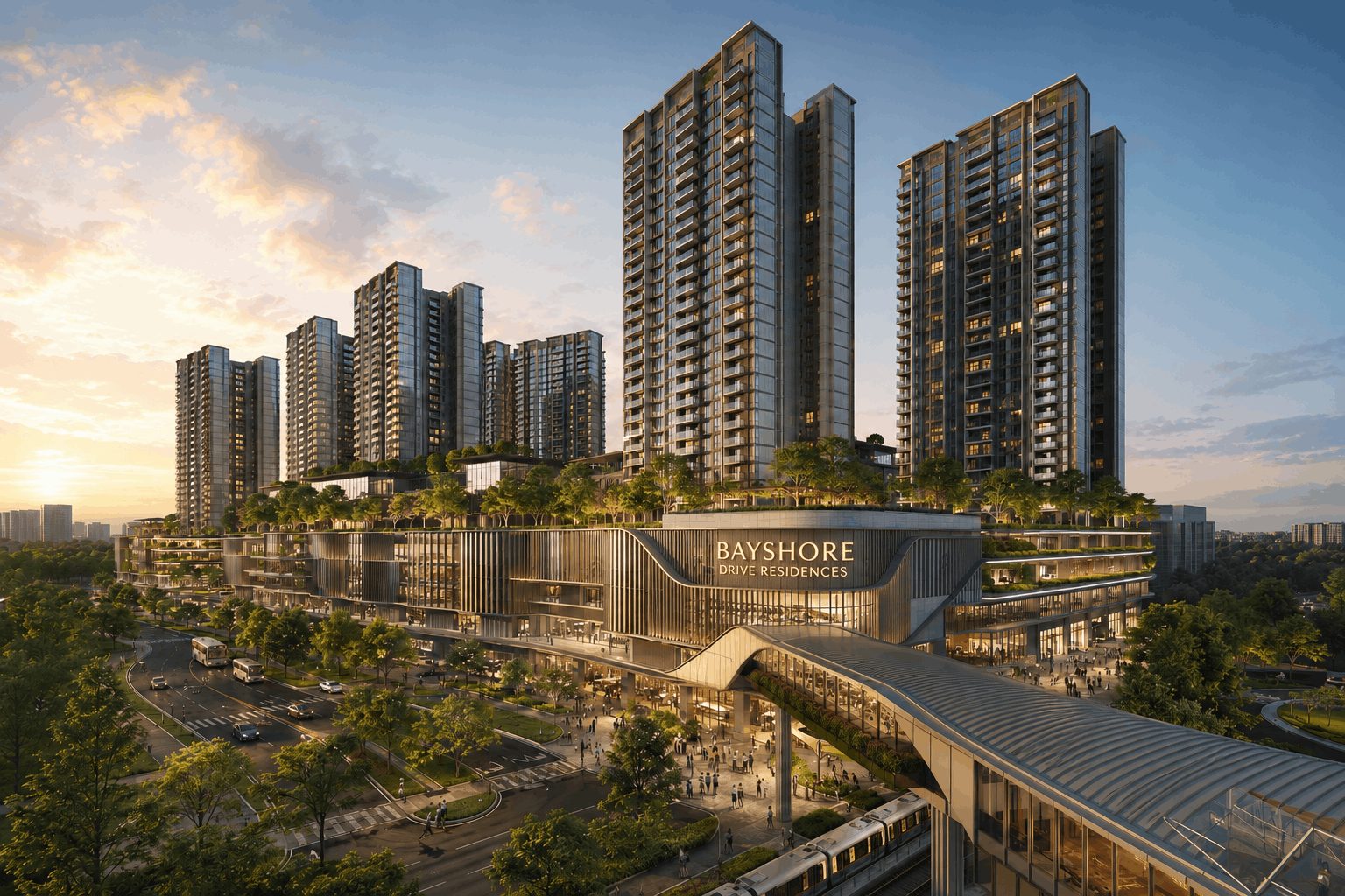 Artist's impression of the future Bayshore Drive integrated development, with residential towers above a retail podium and the Bedok South MRT entrance