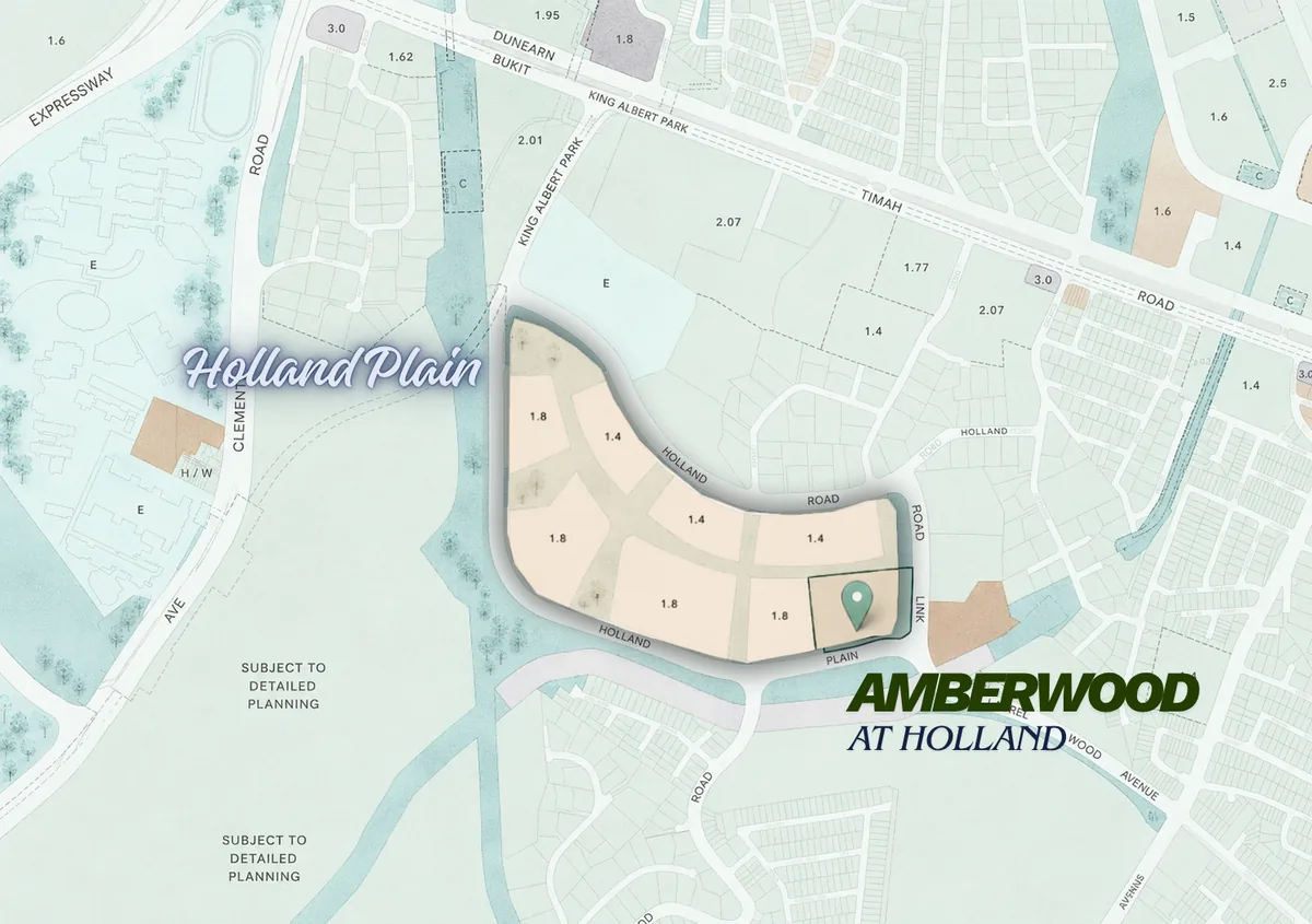 Map of the Holland Plain precinct off Holland Road in District 10, showing the eight planned residential plots with their plot ratios between 1.4 and 1.8, bounded by Holland Road, Clementi Road and the Bukit Timah Diversion Canal, with the Amberwood at Holland parcel marked at the eastern end beside Holland Plain Link