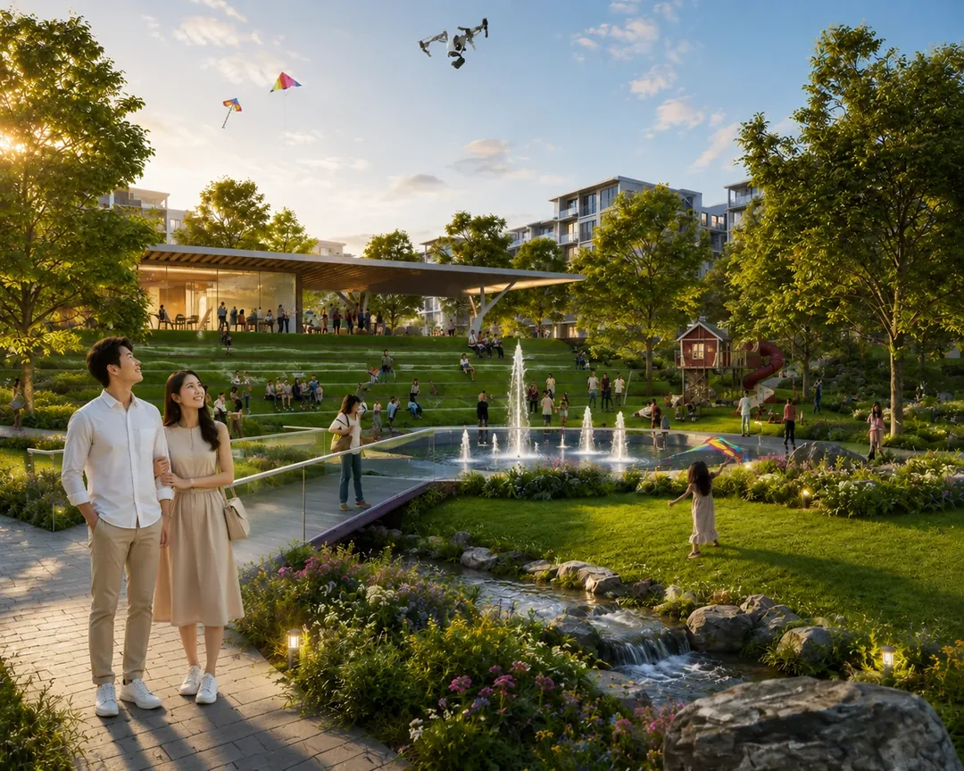 Artist's impression of the proposed community plain in the Holland Plain precinct, showing terraced lawns, a water feature, a pavilion and a stream, with low-rise residential blocks in the background