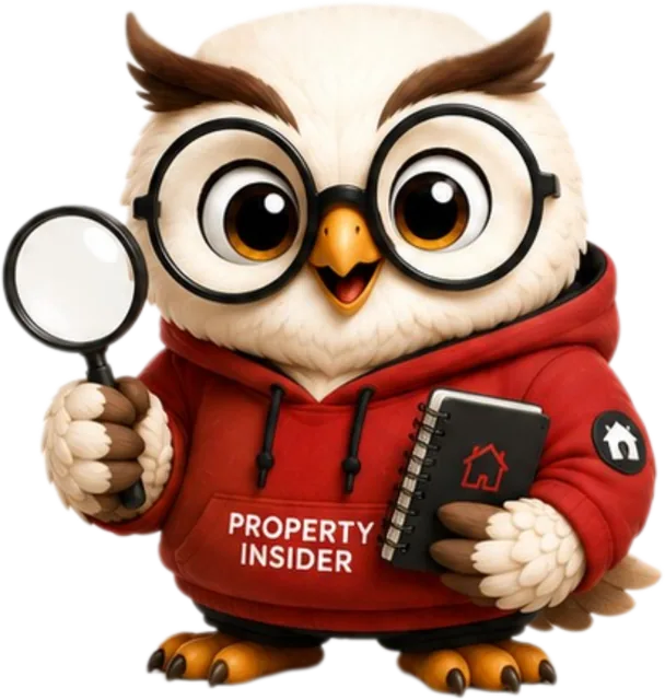 Insider, the PropertyInsider.sg mascot — a bespectacled owl in a red hoodie holding a magnifier and notebook.