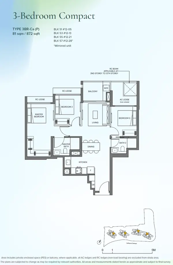 Canberra Crescent Residences — floor plan 3BR-Ca(P), 3 Bedroom Compact, D27