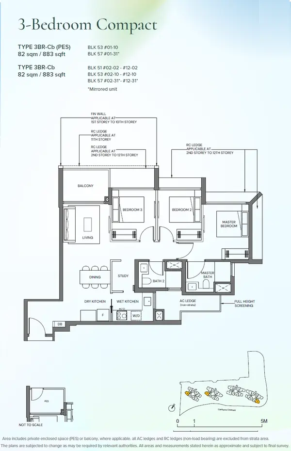 Canberra Crescent Residences — floor plan 3BR-Cb, 3 Bedroom Compact, D27