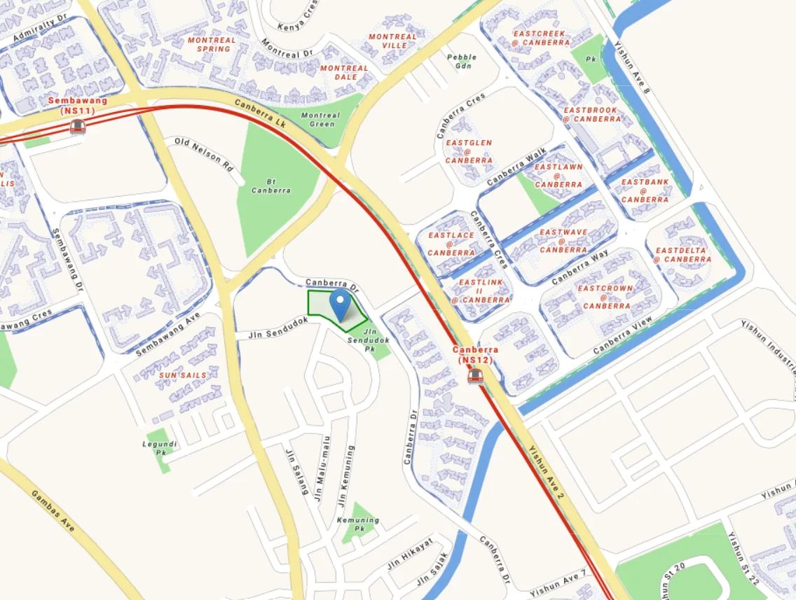 Map of the Canberra Drive EC site outlined at the corner of Canberra Drive and Jalan Sendudok, between Sembawang MRT (NS11) and Canberra MRT (NS12) on the North-South Line, with Bukit Canberra, Jalan Sendudok Park and the Canberra Crescent EC estates nearby