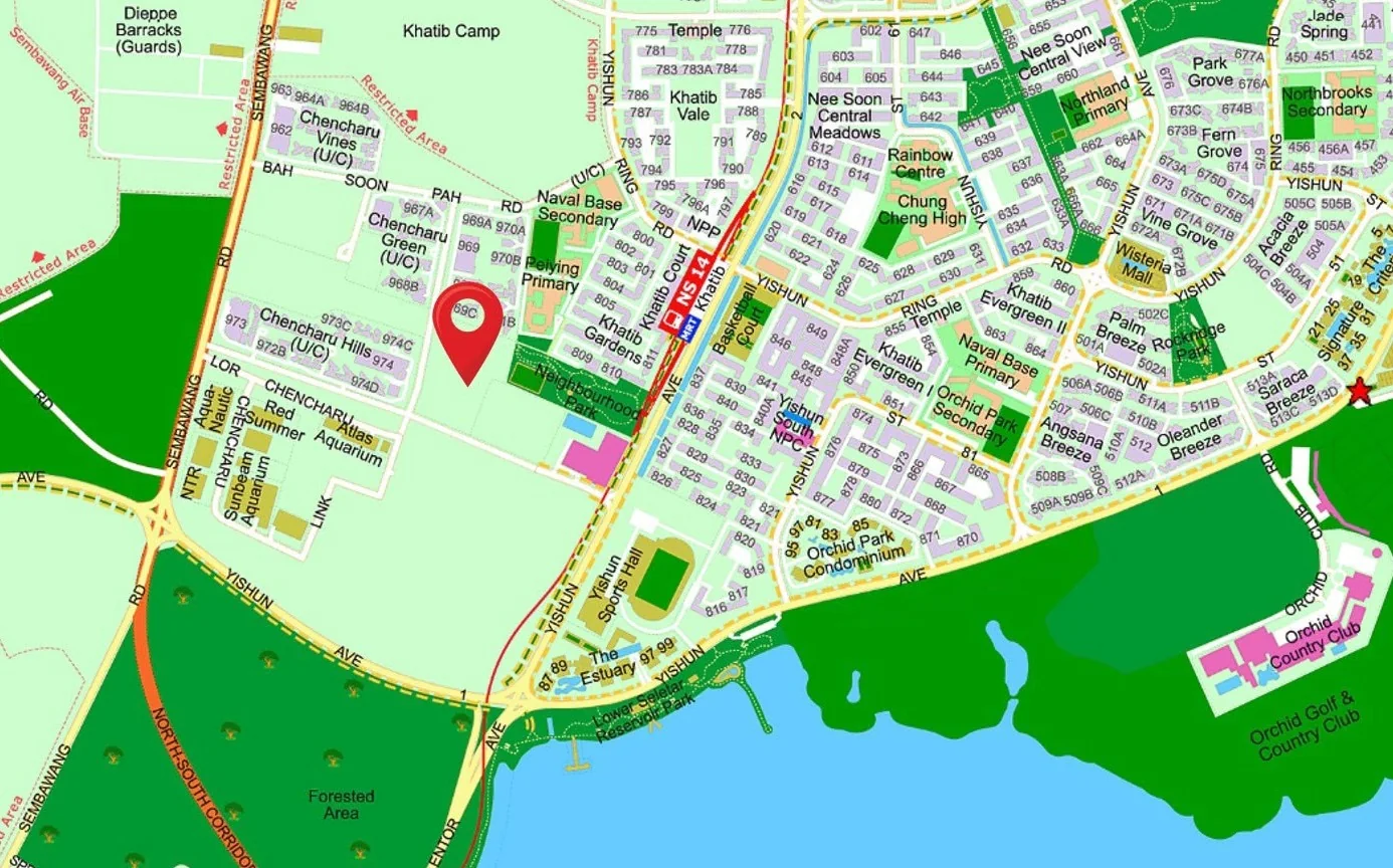 Location map of Chencharu Central Residences, marked with a red pin between Lorong Chencharu and Yishun Ring Road, west of Khatib MRT (NS14), with Peiying Primary, Naval Base Secondary, the Khatib neighbourhood park, Yishun Sports Hall and Lower Seletar Reservoir Park nearby