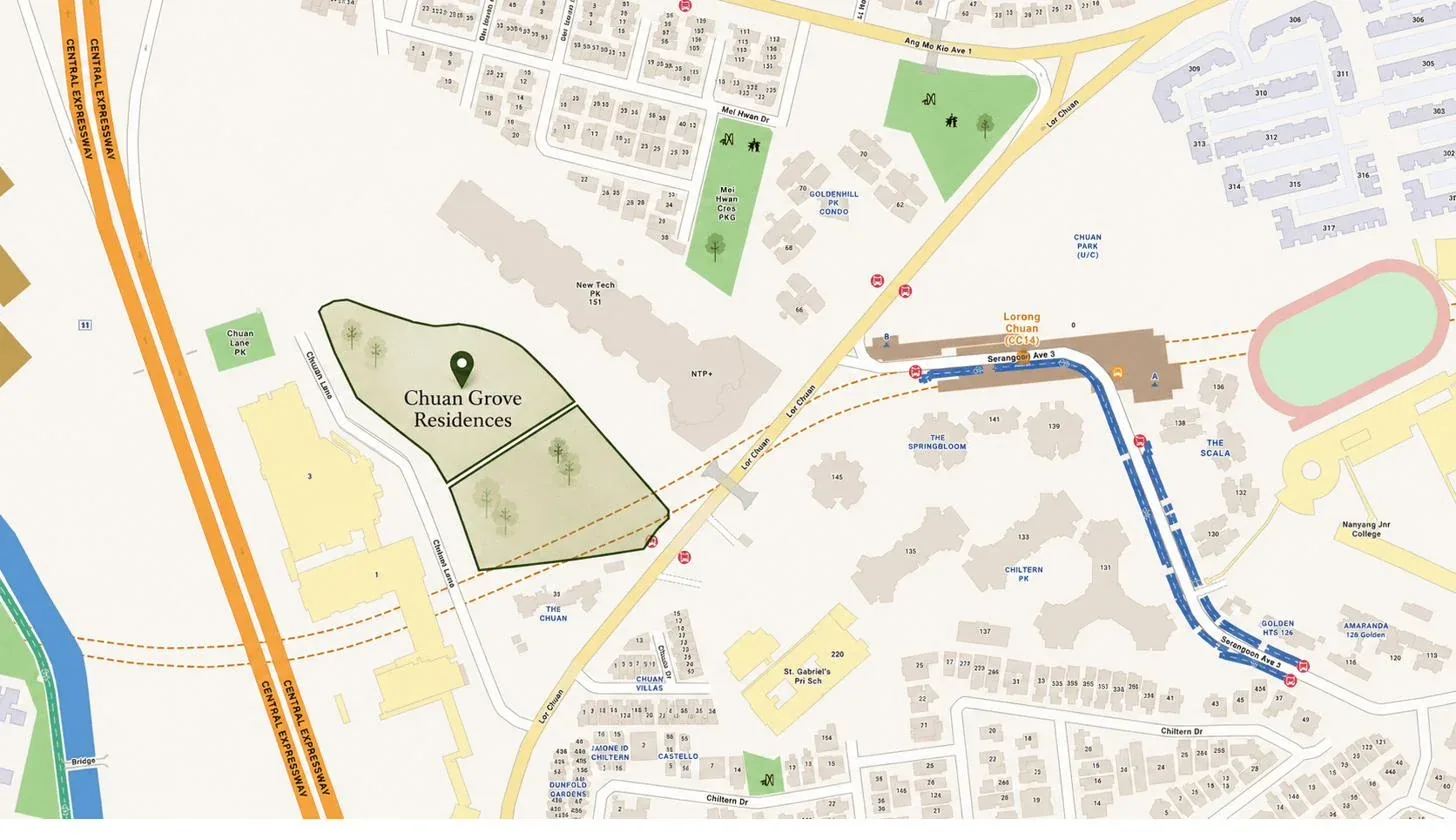 Map showing the Chuan Grove GLS site off Lorong Chuan, with Lorong Chuan MRT (CC14), the Central Expressway, New Tech Park and Chuan Park nearby