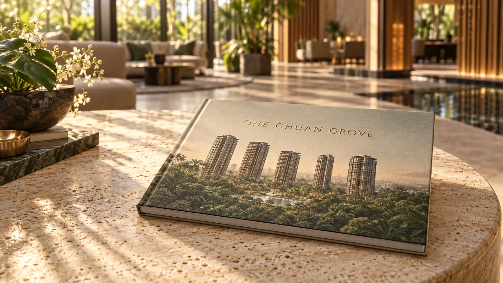 Illustration of a One Chuan Grove e-brochure showing five residential towers above landscaped grounds