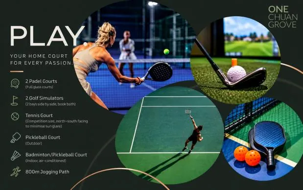 One Chuan Grove marketing panel for its sports facilities: padel courts, golf simulators, tennis and pickleball
