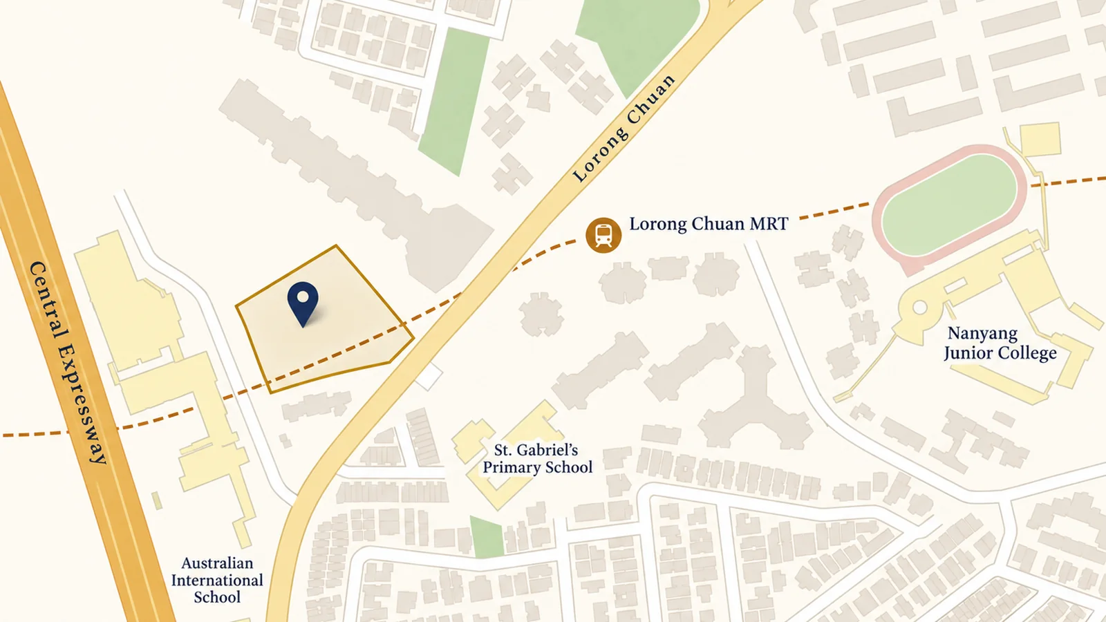 Map of One Chuan Grove between the Central Expressway and Lorong Chuan, near Lorong Chuan MRT, St. Gabriel's Primary School, Nanyang Junior College and the Australian International School