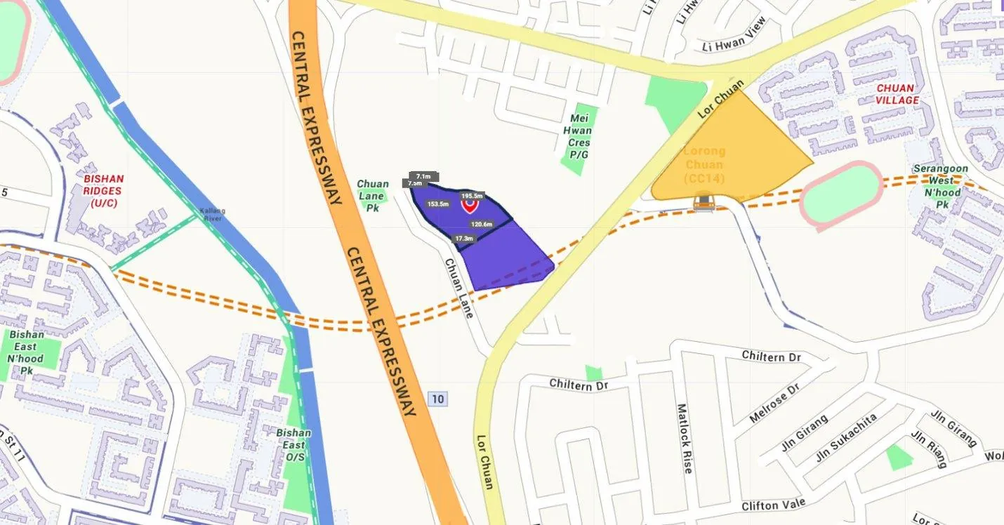 Map of the two Chuan Grove land parcels that form One Chuan Grove, between the Central Expressway and Lorong Chuan, with Lorong Chuan MRT across the road