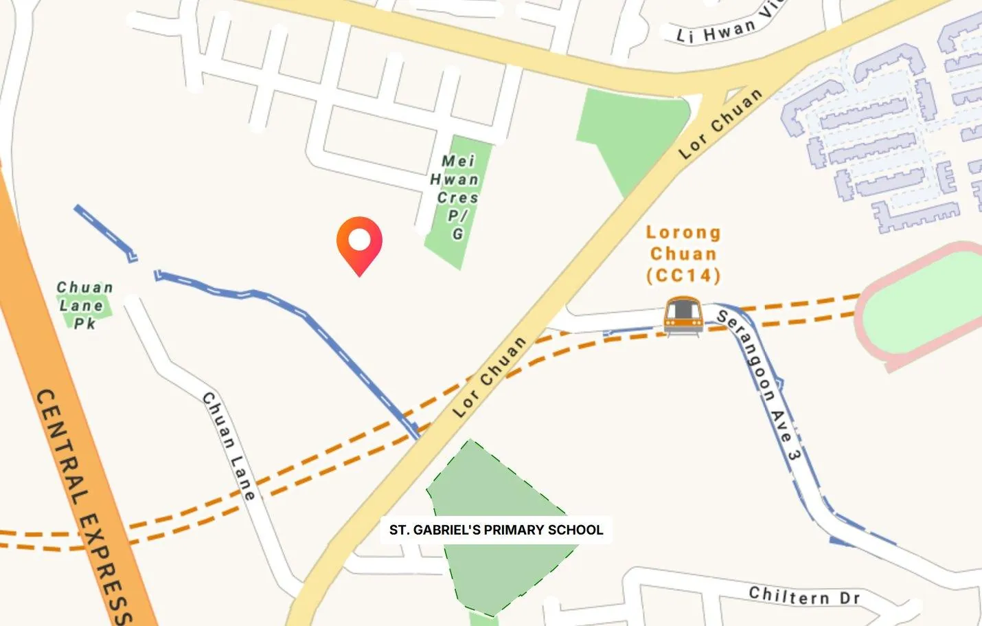 Street map from One Chuan Grove across Lorong Chuan to Lorong Chuan MRT station, with St. Gabriel's Primary School to the south
