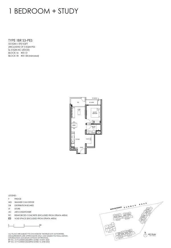 Grand Dunman — floor plan 1BR S3-PES, 1 Bedroom + Study (luxury), D15