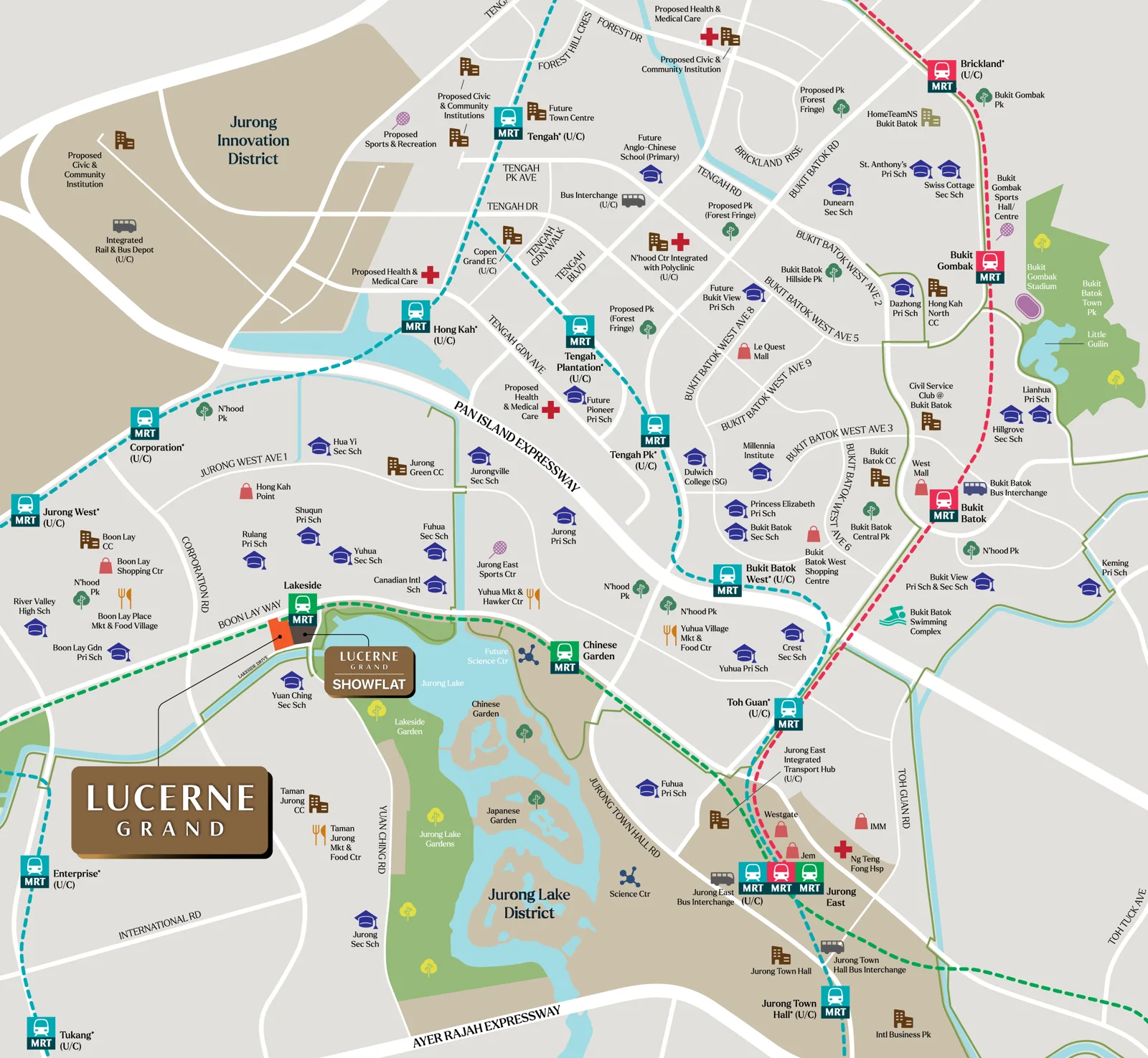 Map of Lucerne Grand on Boon Lay Way beside Lakeside MRT station on the East-West Line, with Jurong Lake, Lakeside Garden and Jurong Lake Gardens to the south-east, Rulang and Shuqun Primary to the north, Yuan Ching Secondary next door, and the future Jurong Region Line stations and Jurong Lake District further east