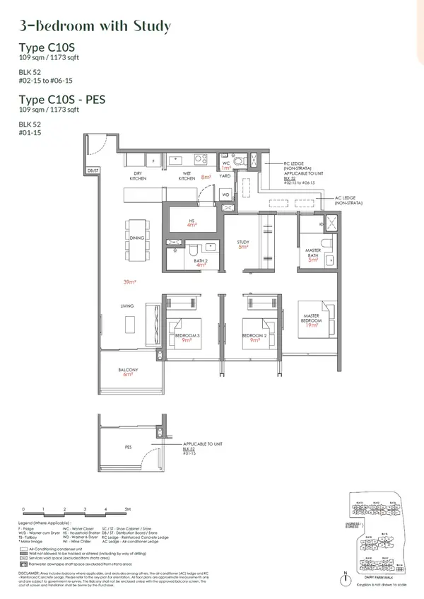 Narra Residences — floor plan C10S, 3 Bedroom with Study, D23