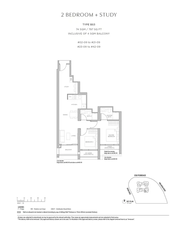 Promenade Peak — floor plan BS3, 2 Bedroom + Study, D03
