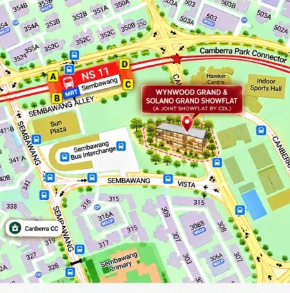 Map of the joint Wynwood Grand and Solano Grand showflat by CDL, pinned east of Sembawang MRT station (NS11) on Sembawang Vista, near Sun Plaza, Sembawang Bus Interchange and the Canberra Park Connector