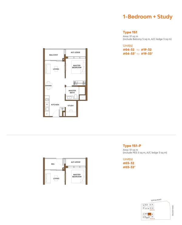 The Collective At One Sophia — floor plan 1S1, 1 Bedroom + Study, D09