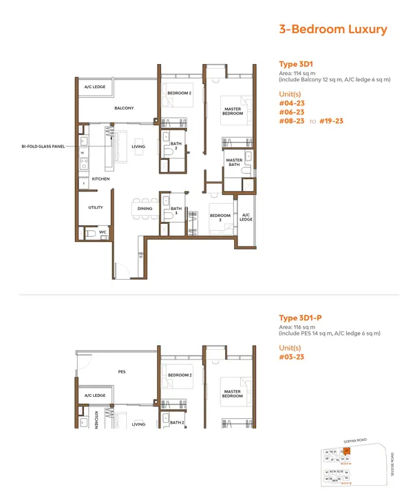 The Collective At One Sophia — floor plan 3D1-P, 3 Bedroom Luxury, D09