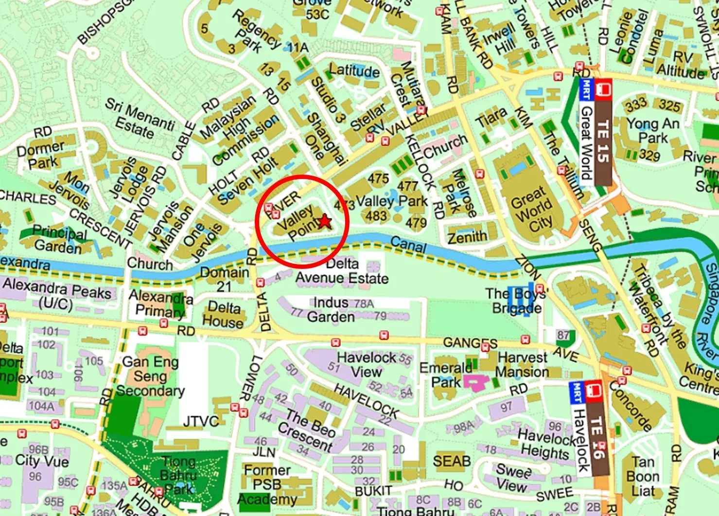 Street map of River Valley with the Valley Point site circled on River Valley Road, beside Valley Park, with the Alexandra Canal to the south, Great World MRT to the east and Havelock MRT to the south-east