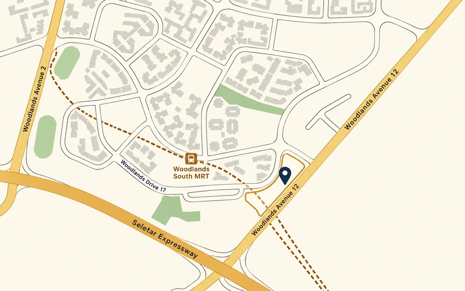 Location map of Clovelle of Woodlands EC, a pin on the site outlined at the corner of Woodlands Drive 17 and Woodlands Avenue 12, east of Woodlands South MRT on the Thomson-East Coast Line and north of the Seletar Expressway