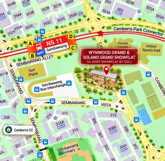 Map of the joint Wynwood Grand and Solano Grand showflat by CDL on Sembawang Vista, east of Sembawang MRT station (NS11), near Sun Plaza, Sembawang Bus Interchange and the Canberra Park Connector