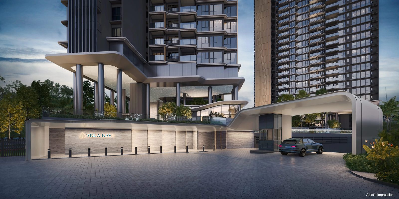 Aerial artist's impression of Vela Bay's two residential towers beside East Coast Park, with the sea beyond