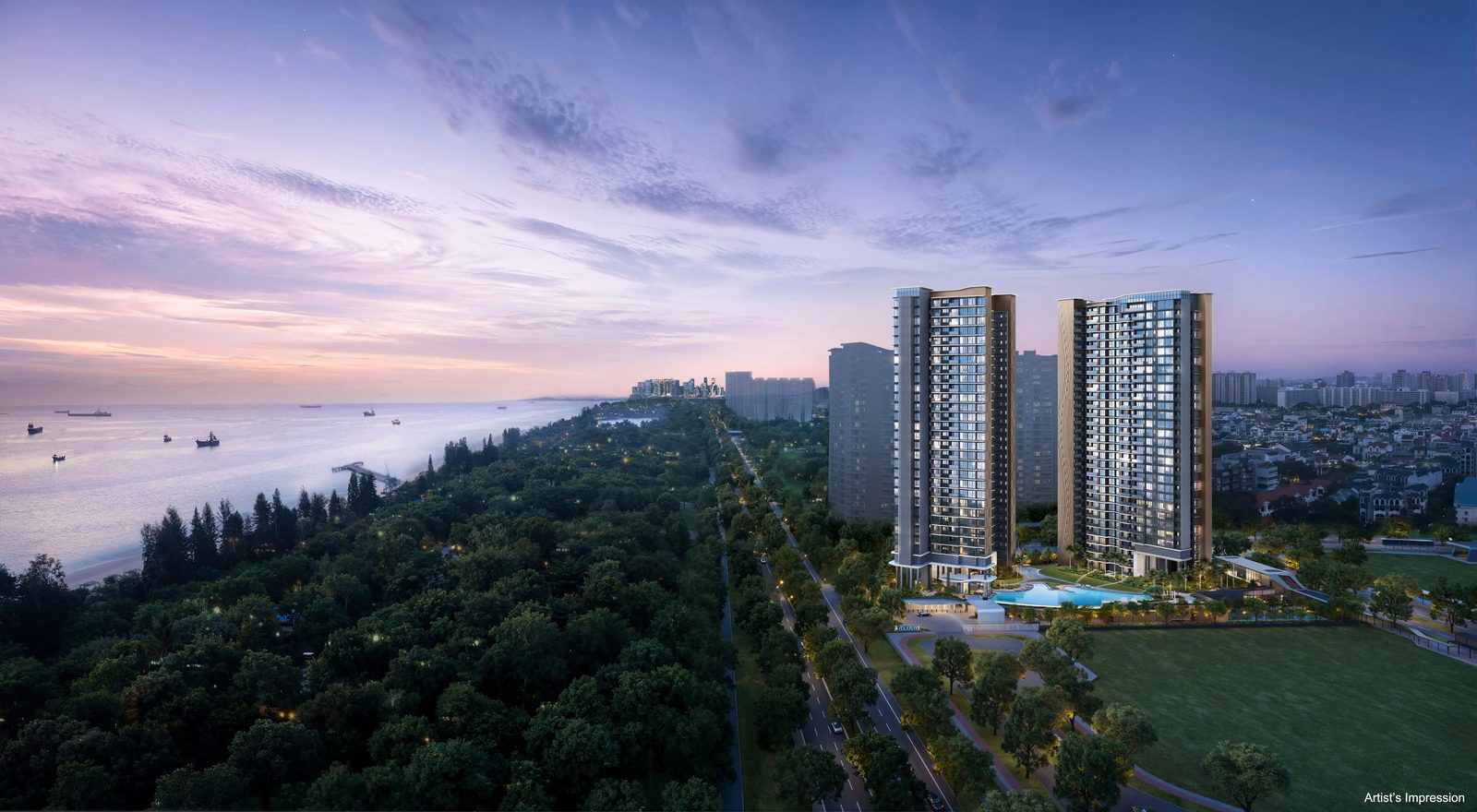 Artist's impression of Vela Bay's twin residential towers on Bayshore Road, the first private project in the Bayshore precinct